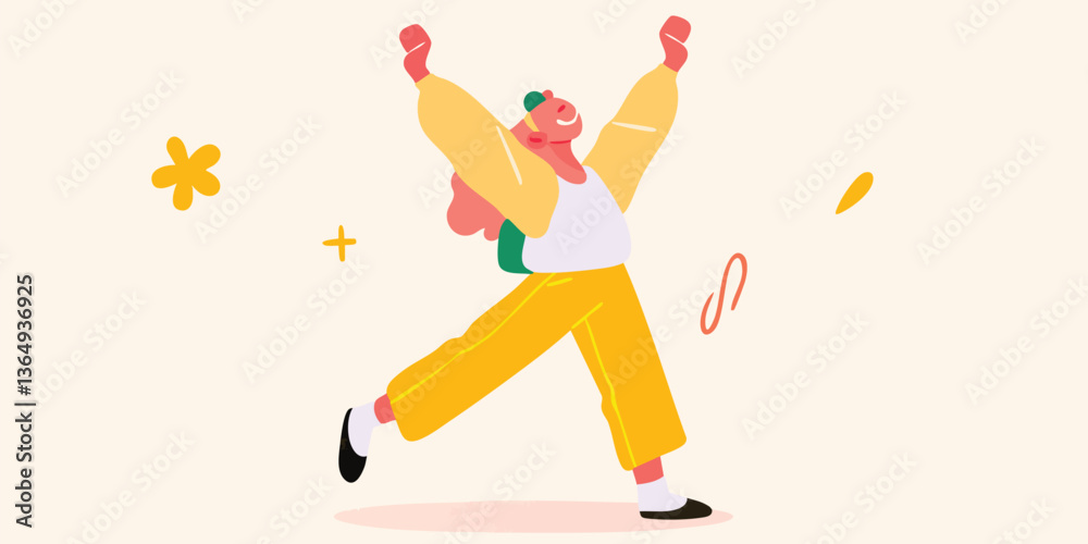 A cheerful person is celebrating success, exuding joy and excitement, in a vibrant graphic illustration, with dynamic movement, perfect for conveying happiness and accomplishment. A cheerful person is celebrating success, exuding joy and excitement, in a vibrant graphic illustration, with dynamic movement, perfect for conveying happiness and accomplishment.