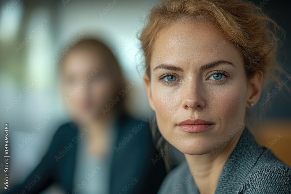 Obraz premium A woman with blue eyes and fair skin looks directly at the camera with a serious expression, another woman is blurred in the background.