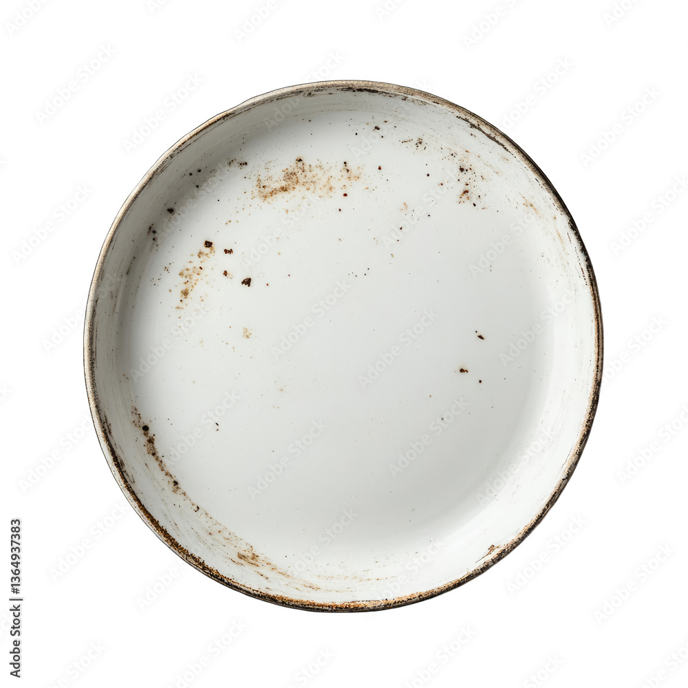 A dirty white plate top view isolated on transparent background A dirty white plate top view isolated on transparent background