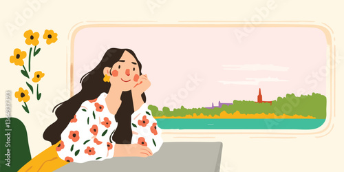 A Young Woman Gazing Out Window: A charming cartoon depicts a serene young woman daydreaming by a window, with a picturesque landscape and floral elements adding a touch of whimsy.