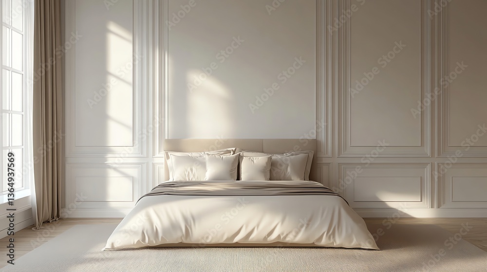 Fototapeta premium Beige Bedroom with Sunlight Streaming Through Window Creating Warm Interior
