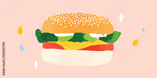 A mouthwatering cartoon burger with sesame-studded bun, fresh lettuce, ripe tomato, and melted cheese.