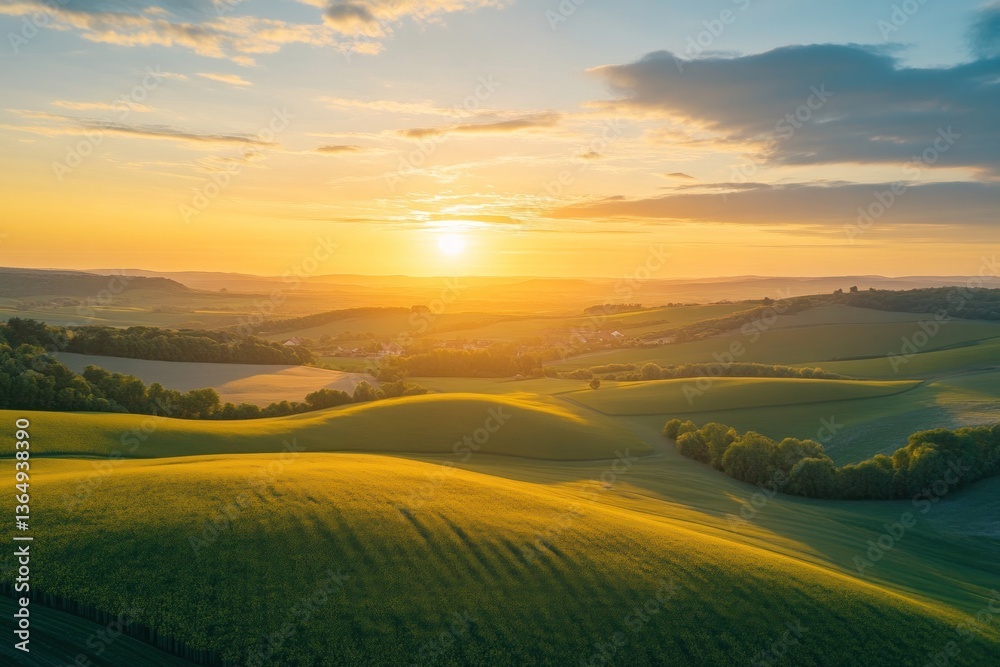 Fototapeta premium The golden sunset illuminates rolling hills and distant rural landscape