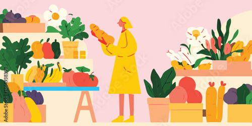 A stylish customer selects fresh produce, showcasing the variety and colors of a vibrant market, emphasizing the freshness of the offerings.