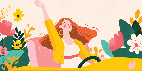 A cheerful woman revels in freedom, hand raised in a joyful celebration, amidst a floral dreamscape.