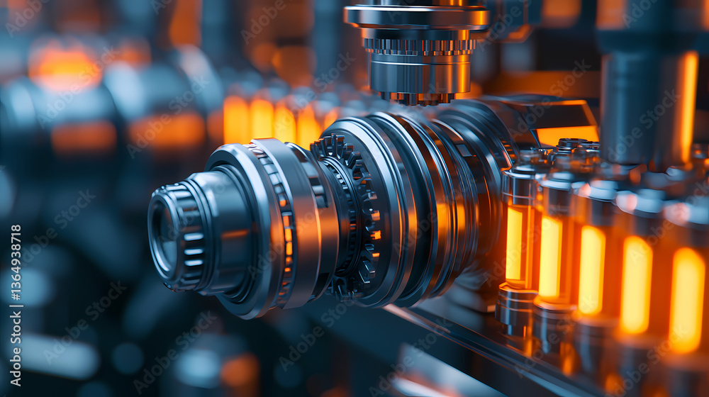 Obraz premium A close-up of a mechanical component with intricate designs, featuring glowing orange lights, showcasing advanced technology and engineering.