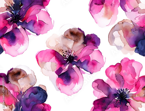 Seamless pattern with watercolor flowers . Floral Textile Design. Pink flowers on a white background