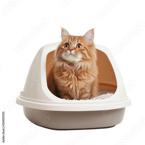 Orange Cat Inside Litter Box Looking Curious and Content Isolated on a Transparent Background