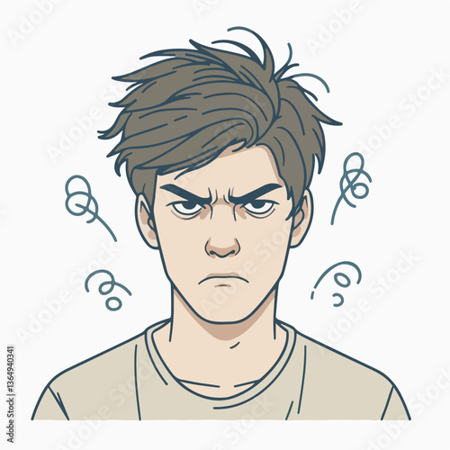Frowning Face Illustration: Captivating portrait of an illustrated man, capturing an intense expression of anger with dynamic line art, embodying frustration in an animated visual