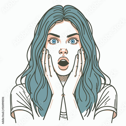Expressive Astonishment: A portrait of a young woman with vibrant teal hair, her face etched with wide-eyed surprise and open-mouthed shock, framed by her hands. The illustration is striking.
