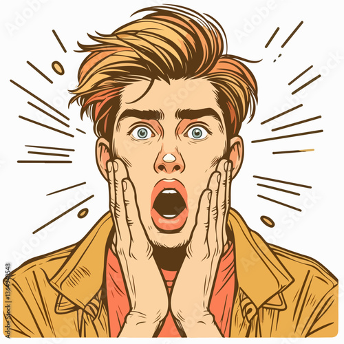 Surprised Reaction: Capturing the raw and genuine surprise of a young man, eyes wide and mouth agape.  The illustration style amplifies the impact of his startled expression.