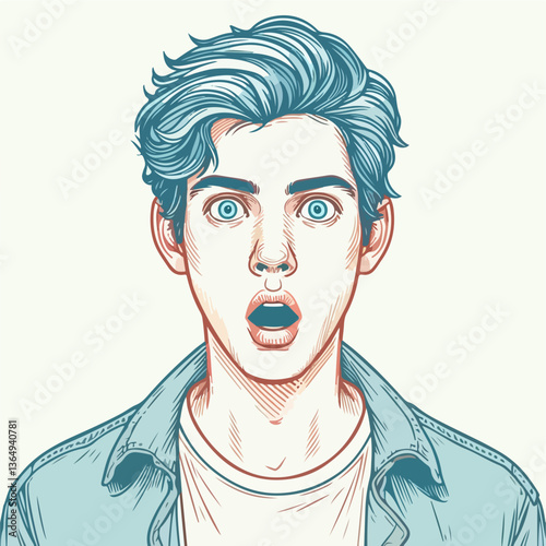 Astonished expression: A young man's face is etched with a captivating expression of surprise, his eyes wide and mouth agape, drawing viewers into a moment of pure astonishment.