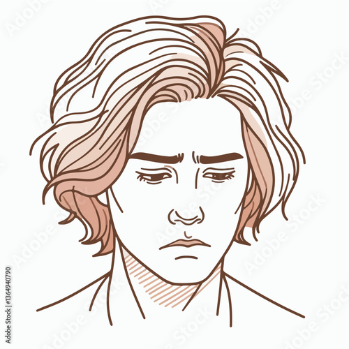 Melancholy Man Portrait: The image portrays a man with a melancholic expression, depicted through detailed line art, expressing deep emotions.