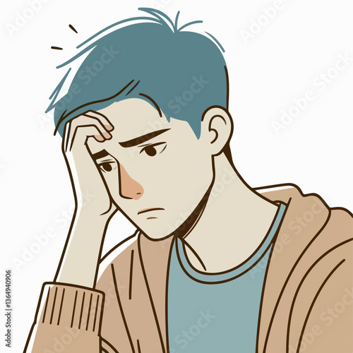 Thoughtful Expressions: An illustration of a person in deep thought, hand resting on their forehead, a visual narrative of introspective contemplation and mental strain.