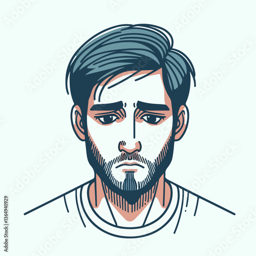 A portrait of melancholy: a simplified illustration of a person with a somber expression and a subtle color palette.