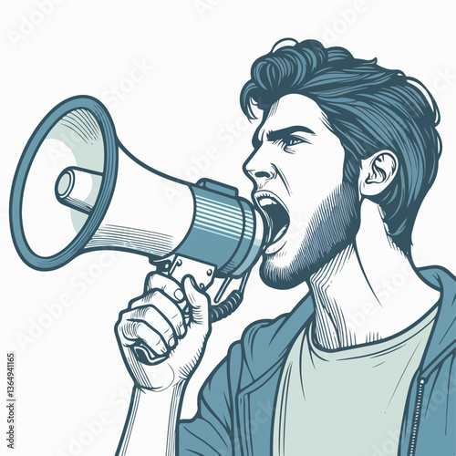 Announcement with Megaphone: A determined individual, portrayed in an artistic vector illustration, emphatically announces something important, his message amplified by a megaphone.