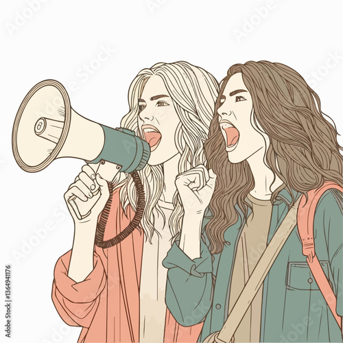Voices of Change: Empowered women raise their voices through megaphone, embodying strength, determination, and a call to action.