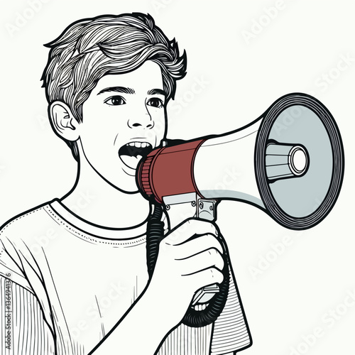 Boy Announcing with Megaphone: A young boy speaks or shouts into a megaphone, captured in a vector illustration.