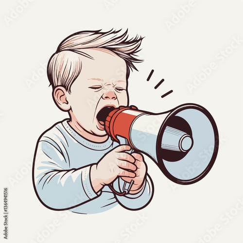 Child's Loud Announcement: A stylized depiction of a young child, their face scrunched in a scream as they hold a megaphone, their open mouth ready to share information 