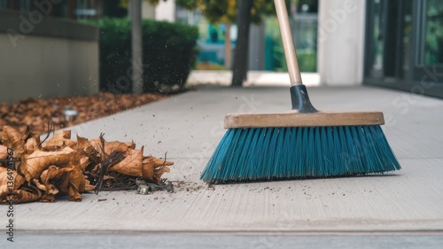 Autumn Cleaning: A Broom Sweeping Dried Leaves on a Pavement
