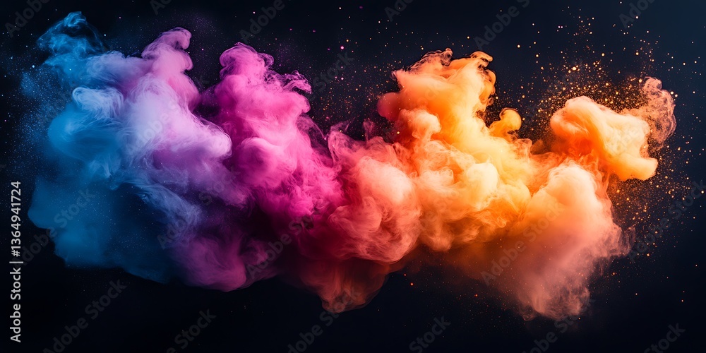 Colorful vibrant smoke clouds flow across a dark background space Colorful vibrant smoke clouds flow across a dark background space