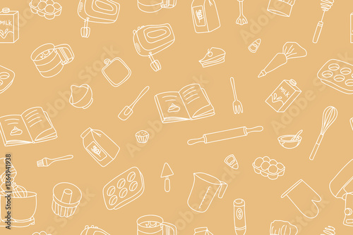 Seamless pattern of baking accessories. Kitchen utensils in doodle style on beige background. Trendy modern print for your design. Vector