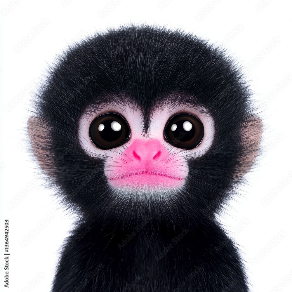Obraz premium Detailed Close up Portrait of a Black Furry Primate with Pink Nose on White