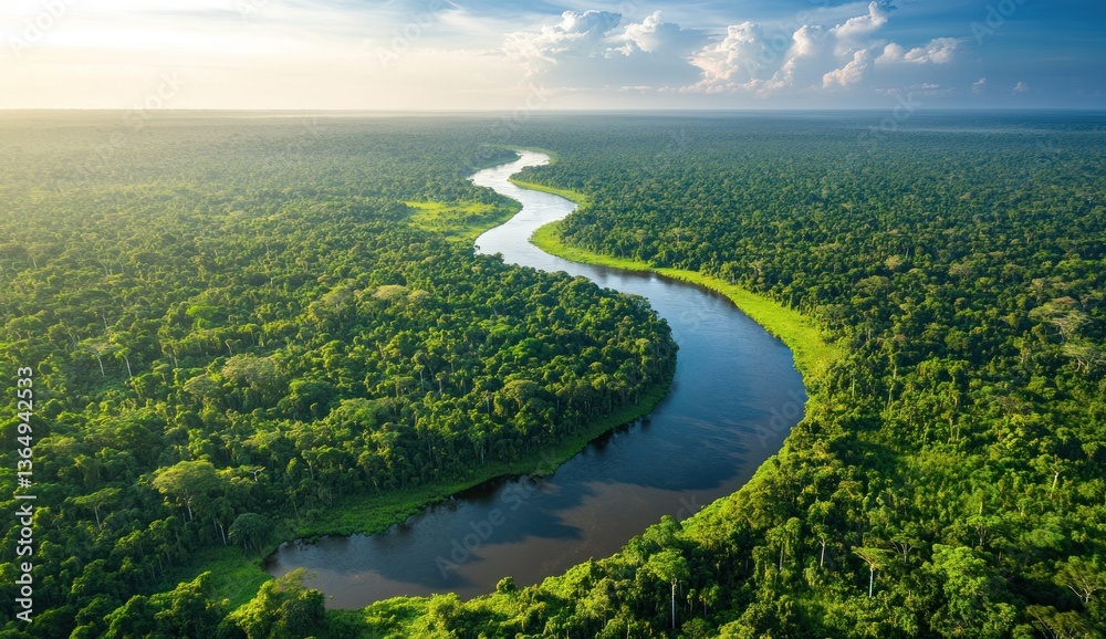 Fototapeta premium An aerial view shows a river flowing through a forest