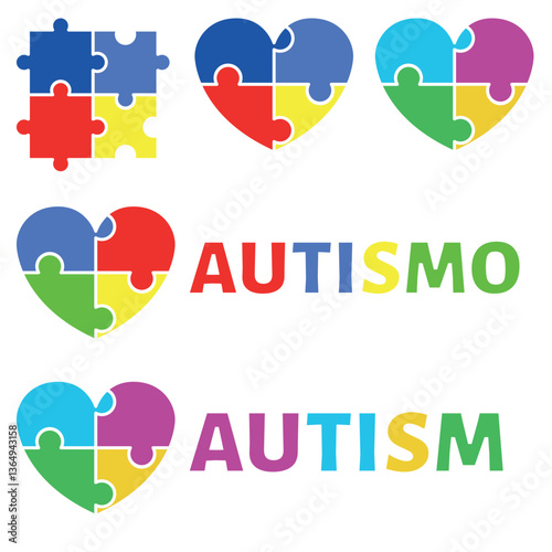 Pacote de Vetores - Símbolos de Conscientização sobre o Autismo com Corações e Peças de Quebra-Cabeça, Vector Pack - Autism Awareness Symbols with Hearts and Puzzle Pieces