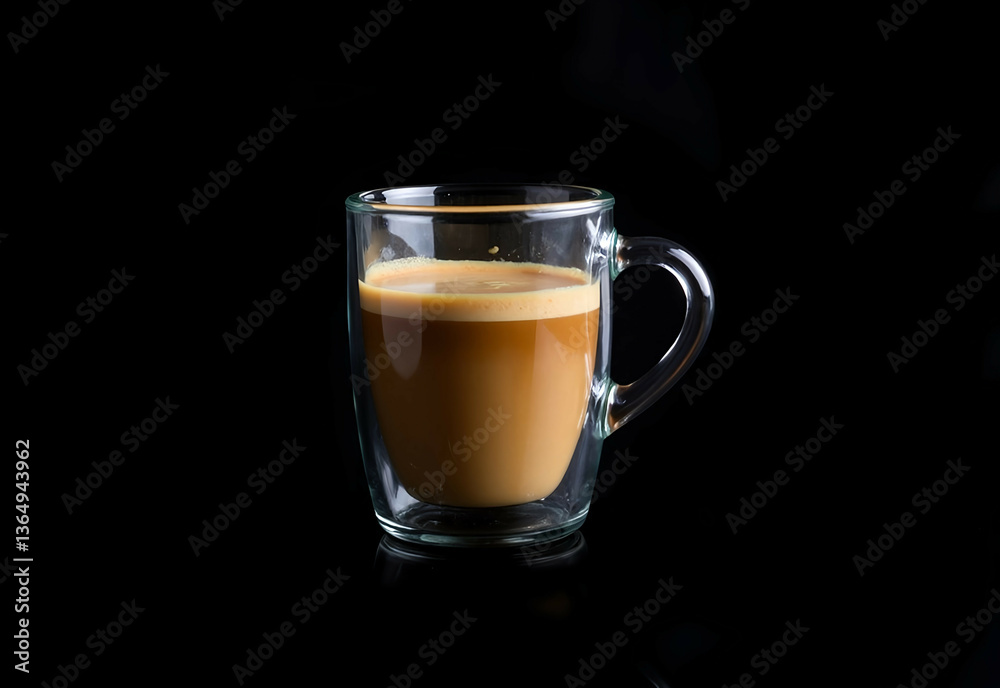 Glass Mug with Half of Espresso Coffee on Black Background Glass Mug with Half of Espresso Coffee on Black Background