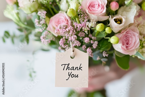 Bouquet of Fresh Roses and Wildflowers with Thank You Tag on Green Nature Background