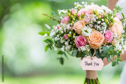 Bouquet of Fresh Roses and Wildflowers with Thank You Tag on Green Nature Background
