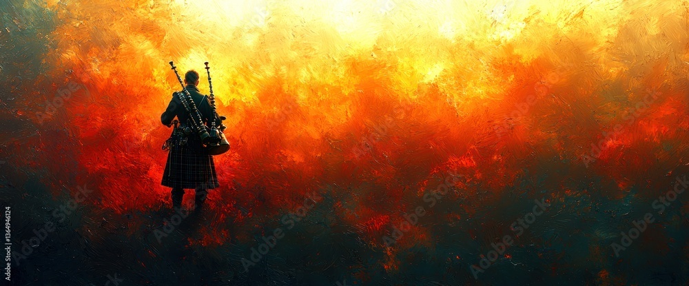 Fototapeta premium A lone figure, back turned, stands before a fiery, immense wall. Bagpipes rest on their shoulder