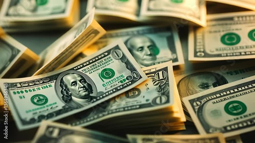 Close up of cash scattered on a surface showing detail of bills in natural light