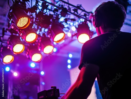 Audiovisual technician setting up a professional stage lighting system, event production, no face