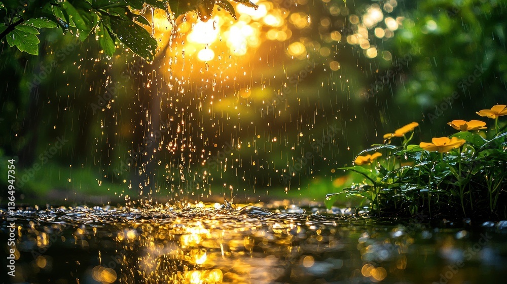 Obraz premium Golden hour rain falling on lush greenery