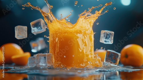 Fresh Orange Juice Splash with Ice Cubes in Bright Background