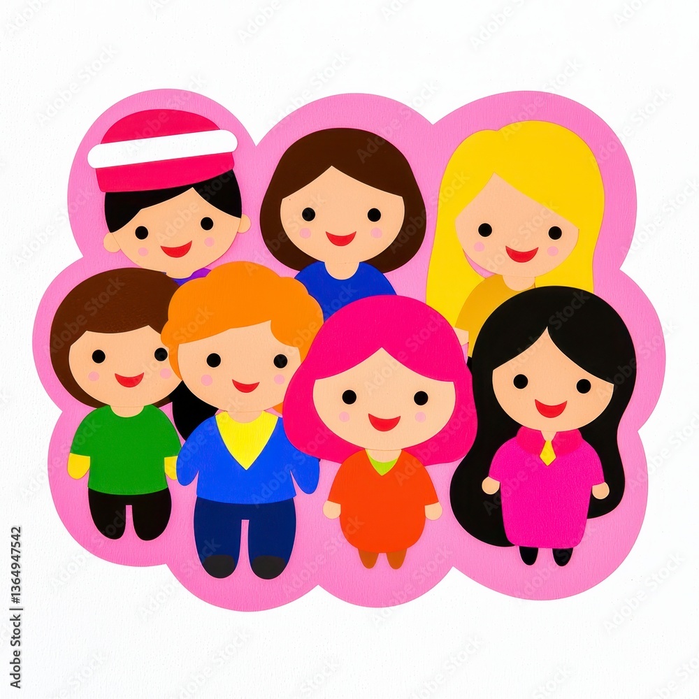 Diverse Group of Smiling Children and Young Adults in Pastel Pink Cloud Illustration Diverse Group of Smiling Children and Young Adults in Pastel Pink Cloud Illustration