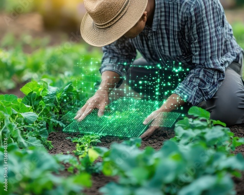 Precision farming expert using AI to monitor soil health via satellite imaging, agricultural tech, no face