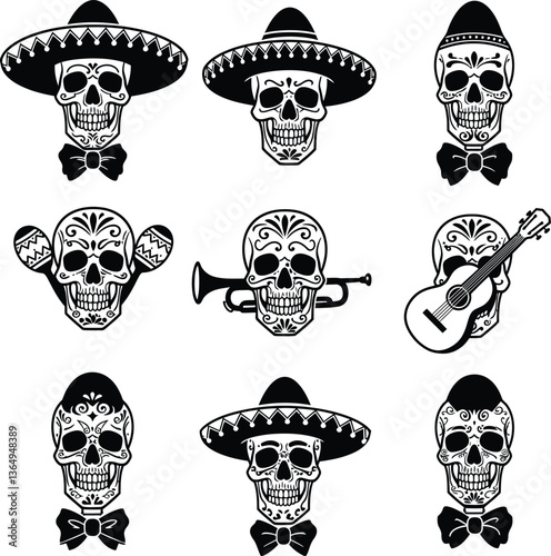 Day of the Dead Skulls with Sombreros, Musical Instruments, and Bow Ties