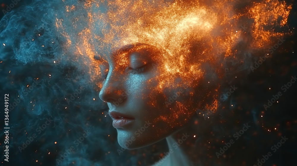 A surreal portrait shows a woman with closed eyes and an exploding head, symbolizing burnout, stress, mental health issues, and information overload. A surreal portrait shows a woman with closed eyes and an exploding head, symbolizing burnout, stress, mental health issues, and information overload.
