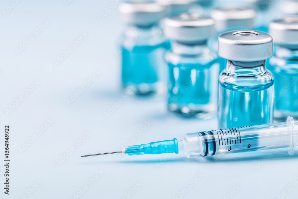 Syringe and Vaccine Vials with Blue Liquid on Medical Background for Immunization and Healthcare Syringe and Vaccine Vials with Blue Liquid on Medical Background for Immunization and Healthcare