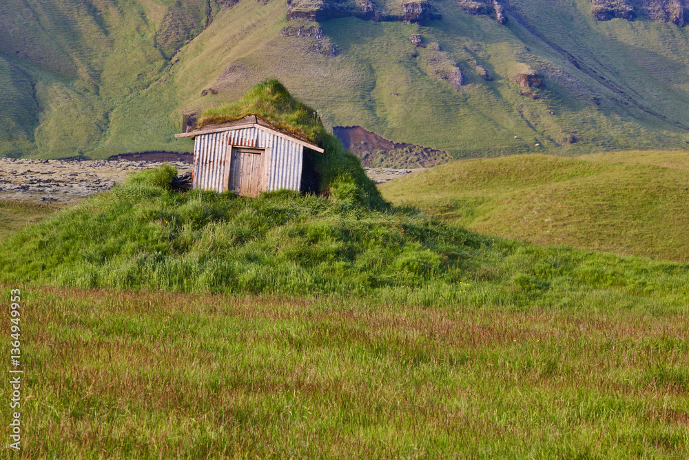 Traditional shelter in icelandic countryside landscape. Outdoor Iceland