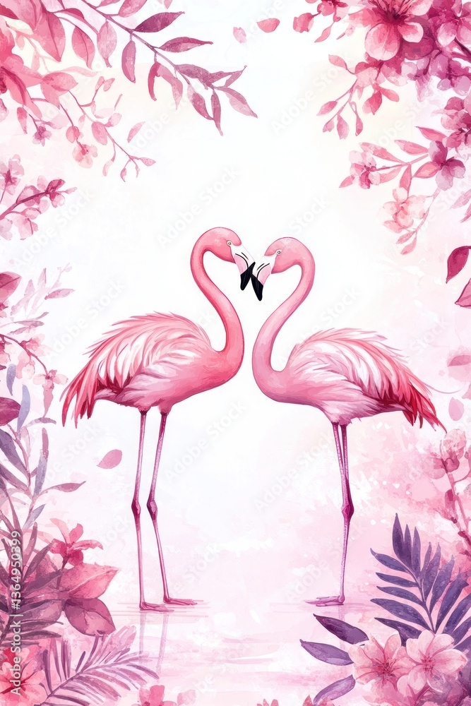 Obraz premium Two pink flamingos forming a heart shape surrounded by flowers