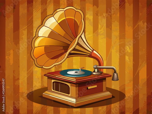 A stylish vintage gramophone, placed on a warm brown background