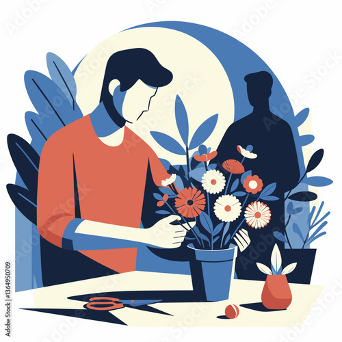 Gardening Enthusiast Tending Potted Flowers in Stylized Flat Illustration