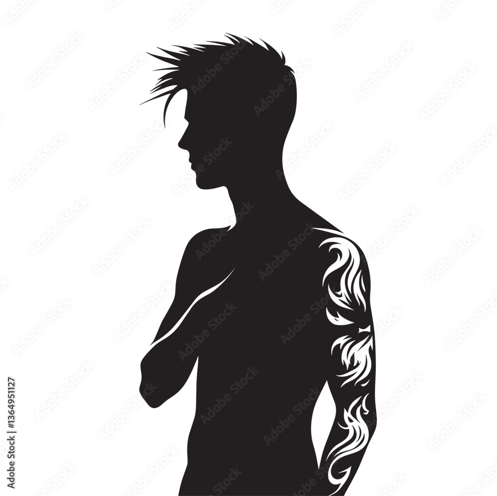 Silhouette of a Tattooed Man with Tribal Arm Design - Black and White Art Silhouette of a Tattooed Man with Tribal Arm Design - Black and White Art