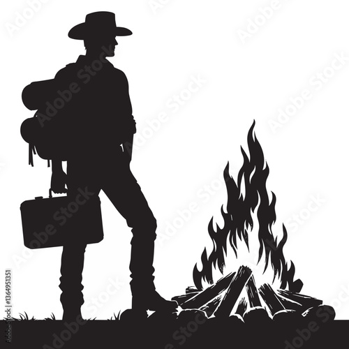 Silhouette of Traveler by Campfire in Wilderness - Adventure and Exploration Theme
