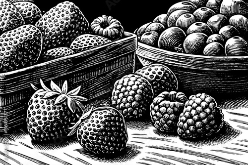 Berries healthy fruit food illustration black and white hand drawn sketch outline