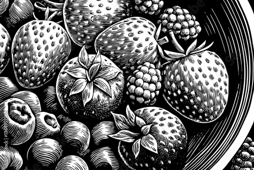 Berries healthy fruit food illustration black and white hand drawn sketch outline